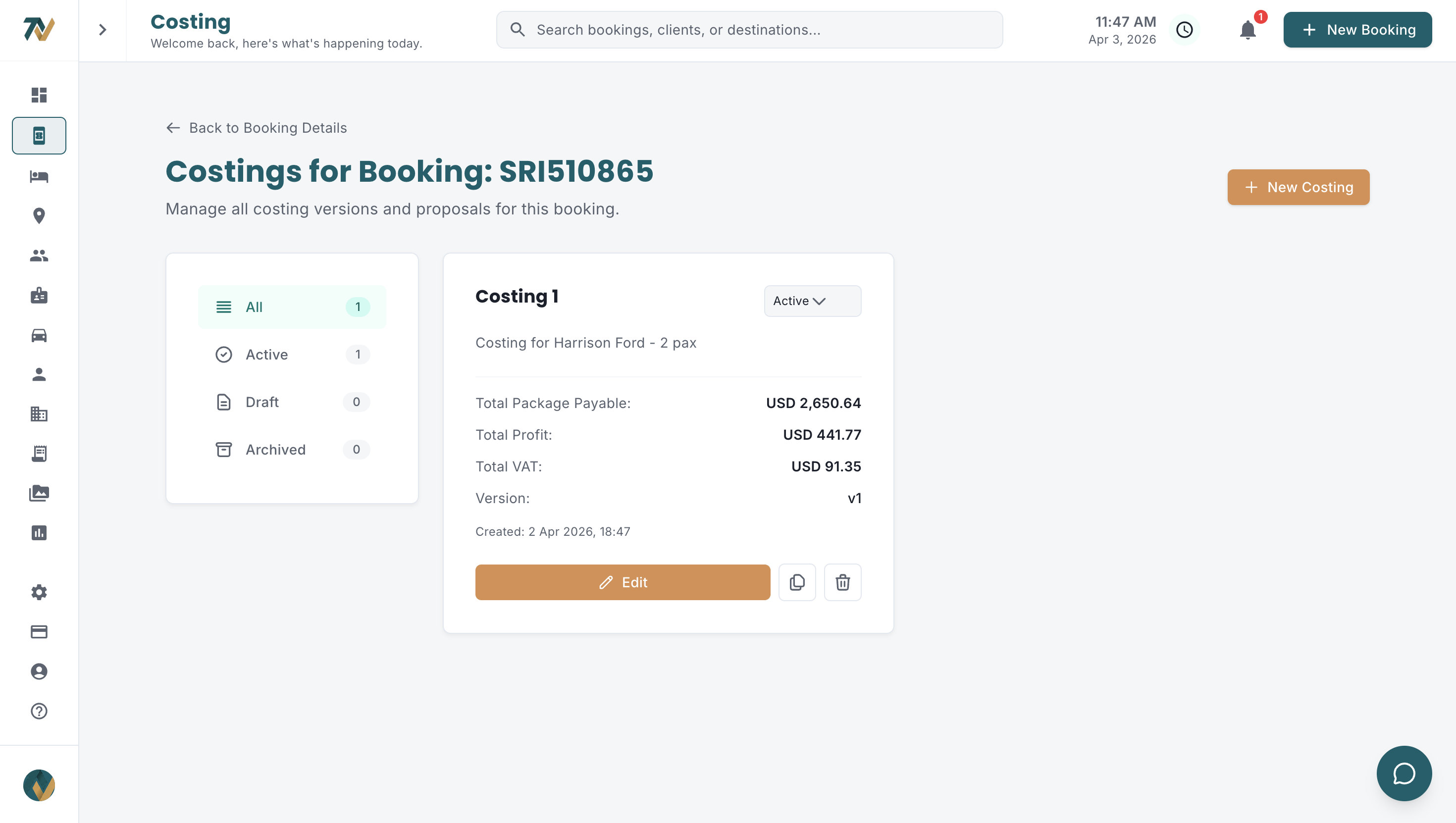 Travify tour costing editor with transport, hotels and pricing steps