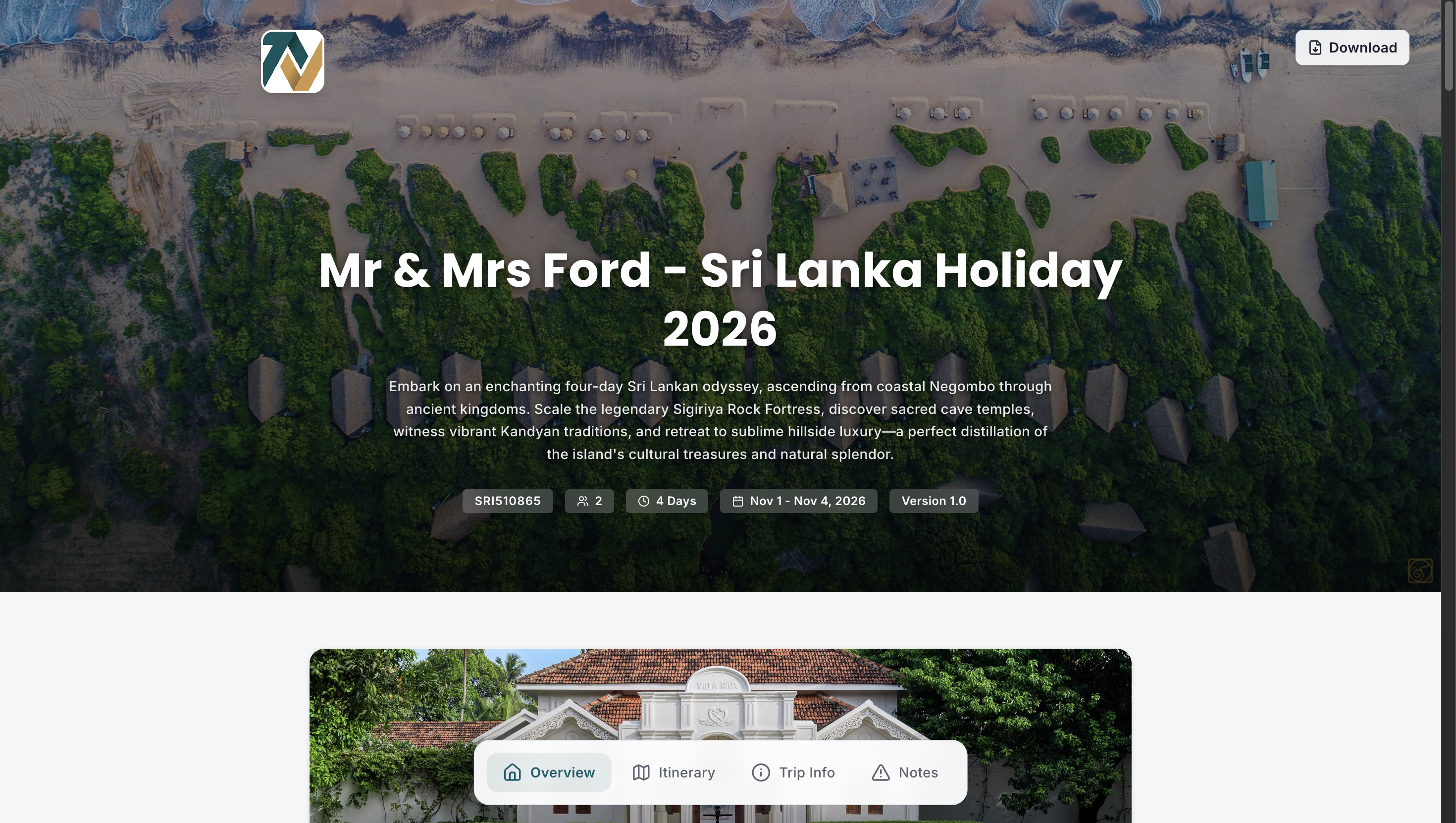 Travify client-facing branded itinerary with day-by-day navigation