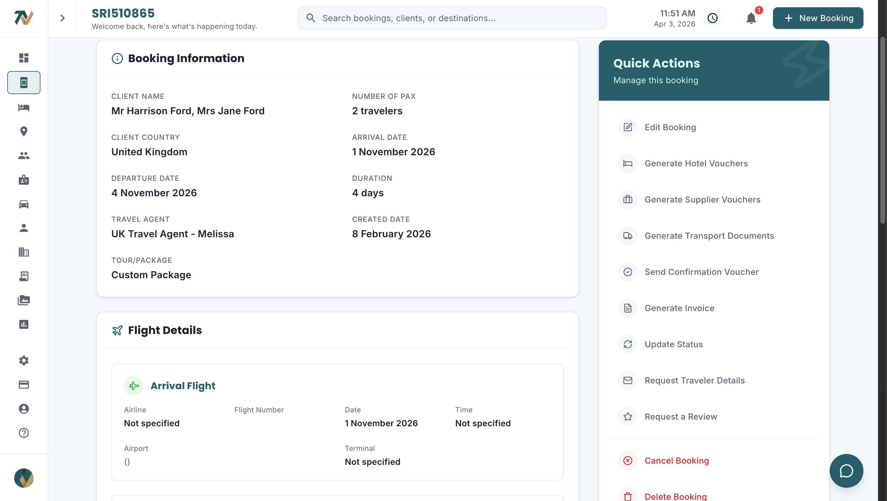 Travify booking quick actions for vouchers, invoices and transport documents